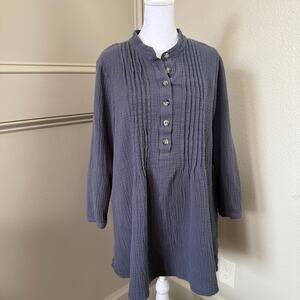 Uncle Frank Mandarin Collar Long Sleeve Pleated Gauze Dress Blue-Gray Size S